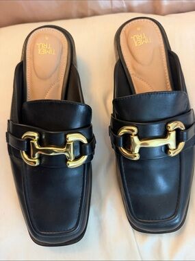Time and Tru Black Slip-On Mules with Gold Bit